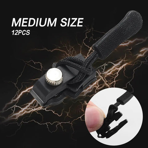 Close-up of black pull from 12 Pack Zipper Repair Kit With Quick Install Detachable Pulls No Sewing Needed Medium Size For Jackets Luggage And Bags Black Built Tough For Metal And Plastic Zippers.