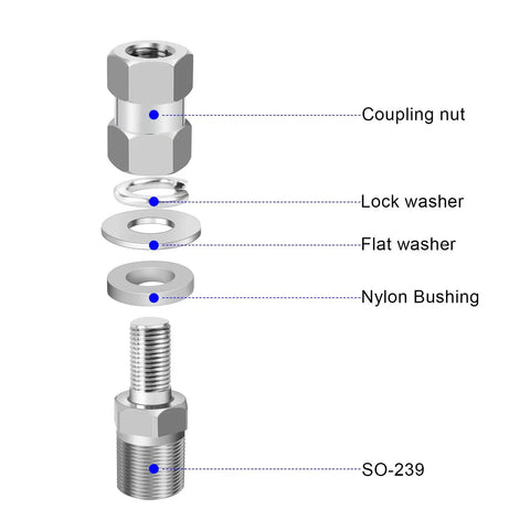 Exploded view of SO239 To 3/8-24 Antenna Adapter, Heavy Duty CB Stud Mount With UHF Female Connector, 1/2 Inch Hole Fit parts.