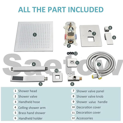 Components of 12 Inch LED Square Showerhead Kit with Handheld Spray, including stainless steel showerhead and rough-in valve.