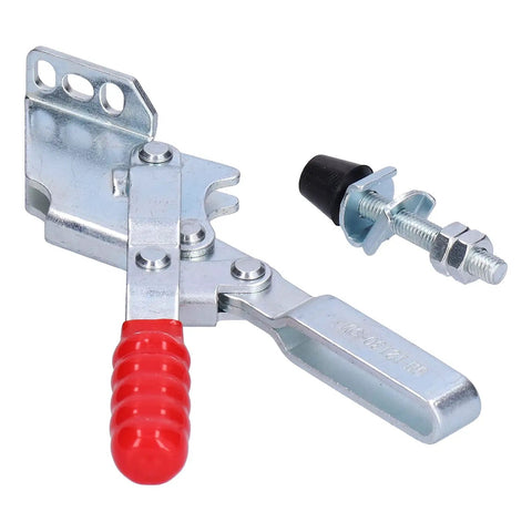 Heavy Duty Toggle Clamp Keeping Workpieces Locked Down Tight With Rock Solid Grip And Five Oh Seven Pound Clamping Force Adjustable Spindle Hold Down Hand Clamp For Woodworking Jigs Fixtures Drill Press And Welding Table in silver metal with red grip.