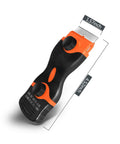 Pro Grade Double Edge Razor Scraper Kit With 30 Replacement Blades, black and orange handle, metal blade detail