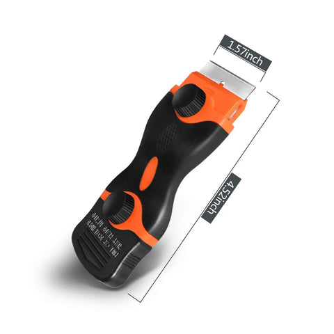 Pro Grade Double Edge Razor Scraper Kit With 30 Replacement Blades, black and orange handle, metal blade detail