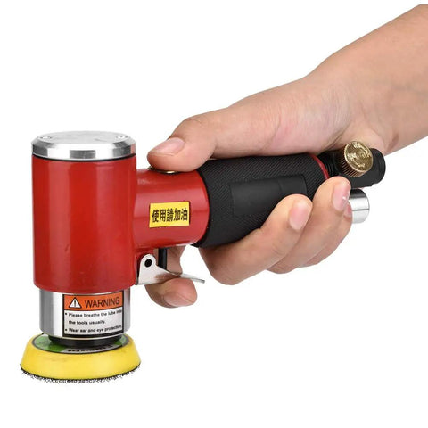 Three Inch Pneumatic Angle Grinder And Eccentric Air Polisher For Smooth Sanding and Oxidation Removal held in a hand.
