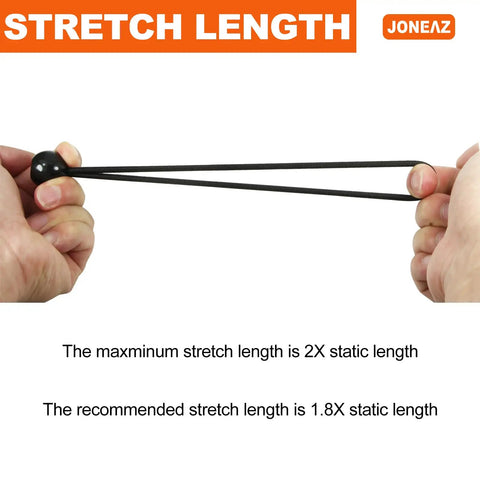 Hands stretching a cord from the 36 Pack Ball Bungee Cords Set In Assorted Sizes 4 Inch, 6 Inch, 9 Inch, And 12 Inch, 5mm Heavy Duty Elastic Cords With 1 Inch Balls, UV Resistant Thai Natural Latex, Tie Down For Canopies, Tents, And Camping, Black.