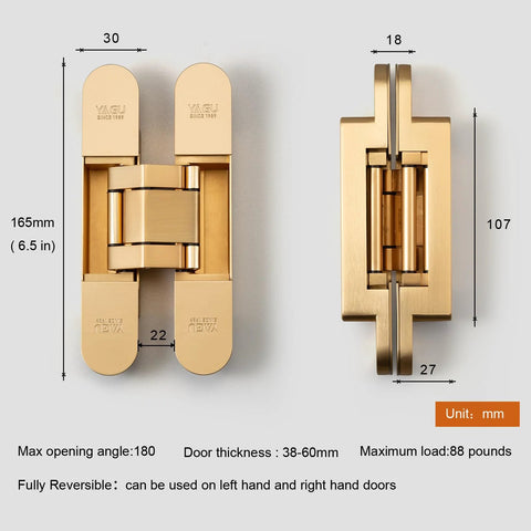 3 Way Adjustable Invisible Door Hinge Concealed Hidden 180 Degree Swing Zinc Alloy Matte Gold Butt Hinge 6.5 X 3.2 X 1.1 Inches