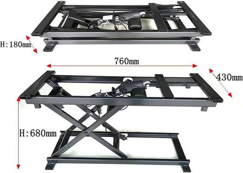 Sleek Electric Lift Coffee Table With Remote Control And Sturdy Iron Frame, showing height adjustments of 180mm and 680mm.