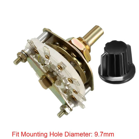 Band Selector Rotary Switch One Pole Five Position With Knob Deck Mount 9.7mm Mount Hole 6mm Shaft 0.46 Inch Shaft Length Includes Mount Nut And Black Knob Ideal For DIY Electronics Projects, showing front angle with knob.