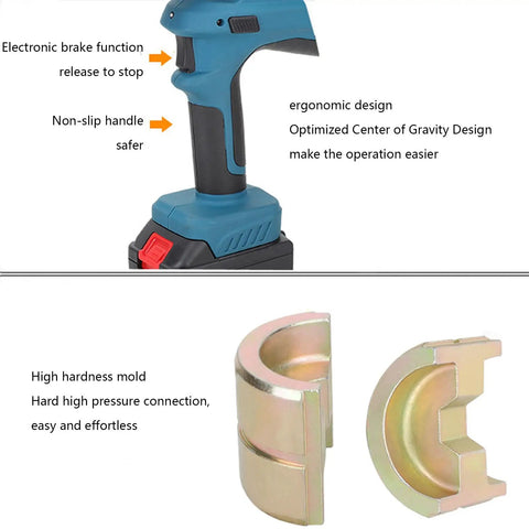 Pro Grade Slick Cordless Electric Hydraulic Crimping Pliers Rechargeable Battery Powered Wire Connector Press Machine ergonomic handle and high hardness mold for easy operation.