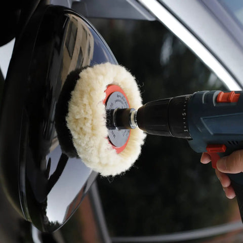 Using Five Piece Natural Wool Buffing Pad Set For Car Polishing 3 Inch 75mm With Hook And Loop Backing on car mirror