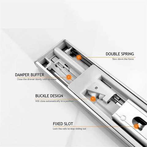 Full Extension Drawer Slides Stainless Steel Soft Close Three Section Drawer Rails with Quick Release Latches Detail