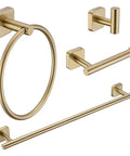 Brushed gold 4 piece hardware set with towel bar, towel ring, toilet paper holder, and hook for modern bathrooms