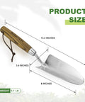 Dimensions of Beefy Stainless Steel Bend Proof Garden Trowel With Comfortable Wood Handle shown in diagram with measurements.