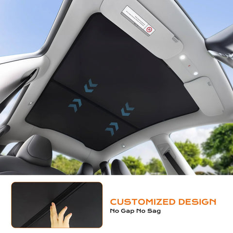 Tesla Model Y roof sunshade installed; black nano-reflective interior accessory for 2025–2026 Juniper