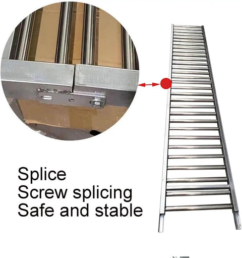 Close-up of screw splicing feature on Industrial Workhorse Light Duty Gravity Roller Conveyor Slide Smooth Warehouse Freight Operator No Fuss Steel Roller Track For Factory Hauling 40X100CM.
