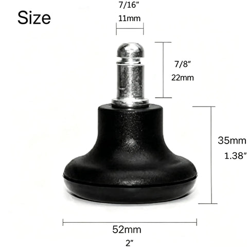 Set Of 5 Premium Bell Glides For Office Chair Caster Replacement showing size measurements 52mm wide, 35mm tall, 11mm tube.