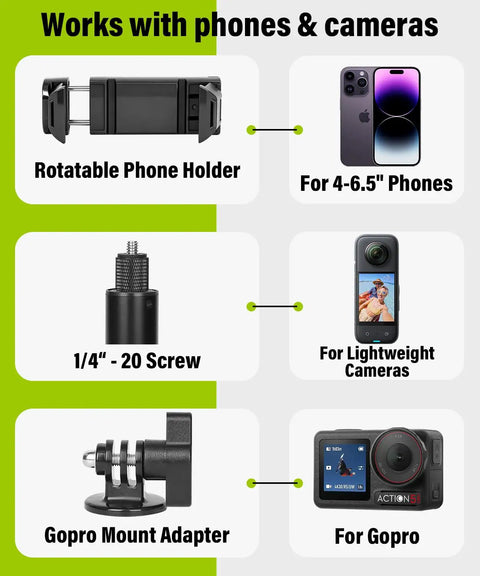 Golf Tripod And Selfie Stick Kit compatible with phones and cameras, showing rotatable phone holder, 1/4" screw, and GoPro adapter.
