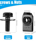 Close-up of a gasket screw and U nut from the 50 Piece Automotive Body Bolts And U Nut Clamp Kit With Metal Bumper Fender U Nut Retainers.