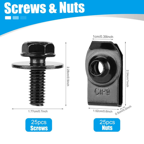 Close-up of a gasket screw and U nut from the 50 Piece Automotive Body Bolts And U Nut Clamp Kit With Metal Bumper Fender U Nut Retainers.