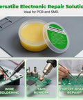 Low Melt Solder Flux Paste 60C No Clean Rosin Formula High Activity For PCB Repair And Electronics Welding 100g Pack showing usage