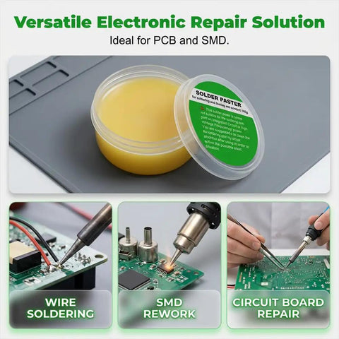 Low Melt Solder Flux Paste 60C No Clean Rosin Formula High Activity For PCB Repair And Electronics Welding 100g Pack showing usage