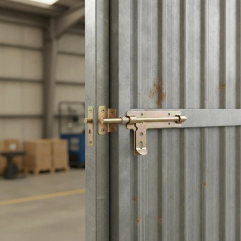 Heavy Duty Galvanized Steel Slide Bolt Latch For Garden Gates Barn Doors And Storage Sheds Rust Resistant Zinc Plated Security Lock on a metal door.