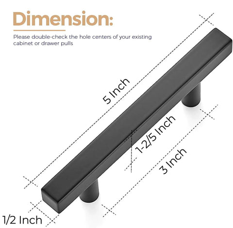 30 Pack 5 Inch Square Cabinet Pulls Matte Black Stainless Steel Kitchen Drawer Pulls Cabinet Handles with dimensions shown