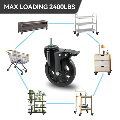 Dead Nuts Heavy Duty 5 Inch Swivel Caster Wheels With Locking Brakes Set Of 4 Furniture Casters Featuring Unc 3 8 16 Threaded Screw Stem In Matte Black for max loading 2400lbs.