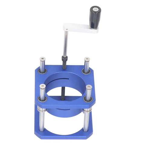 Adjustable Router Lift Base Plate Featuring Zero To Fifty Four Millimeter Height Control For Sixty Four To Sixty Five MM Routers, blue alloy clamp.
