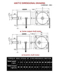 68KTYZ dimensional drawing with speed and torque chart of High Torque 100Kg Center Shaft Gear Motor 28W 68KTYZ 220V AC