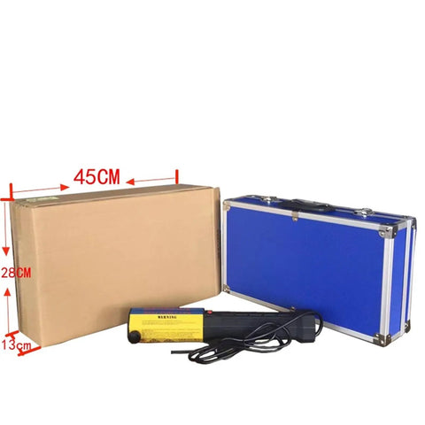 Get The 1000W Eight Coil Frameless Magnetic Induction Heater With LED Light Non Slip Grip in a blue case with dimensions shown.