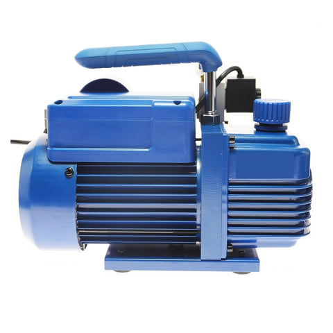 Heavy Duty 180 Watt Rotary Vane Vacuum Pump for Cranking Out Fast AC Recharges with blue handle and compact design.
