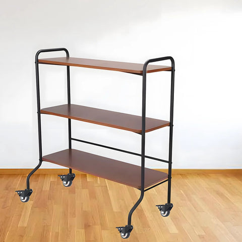 Three-shelf rolling cart with black metal frame and brown wood shelves on casters