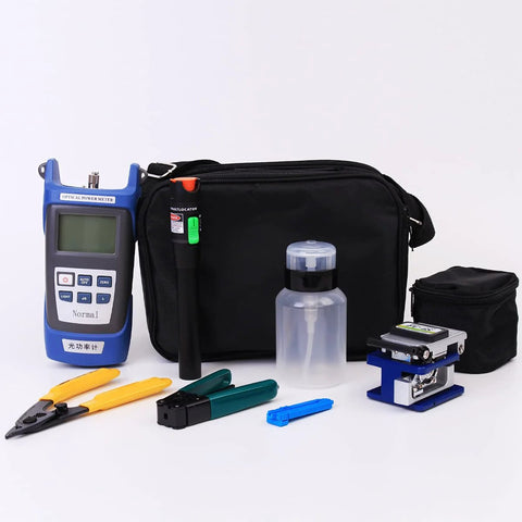 Fiber optic termination tool kit with power meter, FC-6S cleaver, visual fault locator, pliers and cable cutter in carry bag