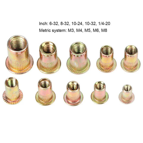 300 Pcs Carbon Steel Rivet Nut Kit With Color Zinc Plated Finish, Metric And Inch Sizes, assorted rivet nuts displayed