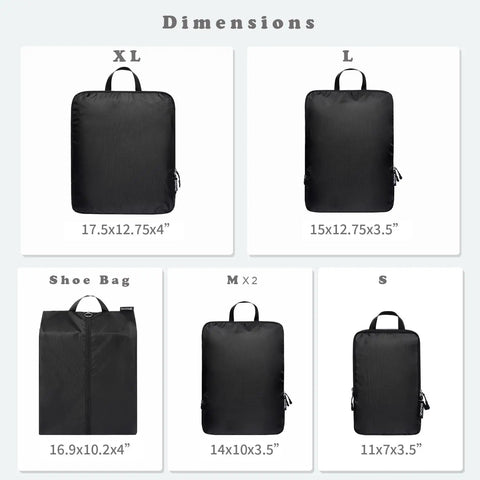 Ultralight Six Piece Compression Packing Cubes Set For Travel Organizer Luggage And Backpack Durable 70D Black Fabric Go To Space Saver, size chart of XL, L, M, S cubes and shoe bag.