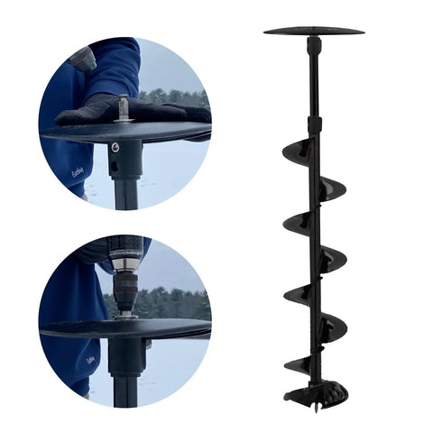 EZ Ice Auger Drill Adapter For Cordless Drill Snap On Quick Connect System Fits Pistol Bit K Drill shown in use outdoors