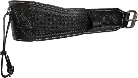 Top Shelf Full Grain Leather Back Cinch Strap For Western Horse Saddle featuring double stitched seams, floral tooling, black color, 36 inch.