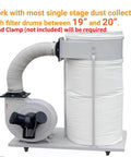 Dust collector setup with Universal 70 Gallon Dust Collector Bottom Bag, 30 Micron Heavy Duty Lower Filter Bag attached