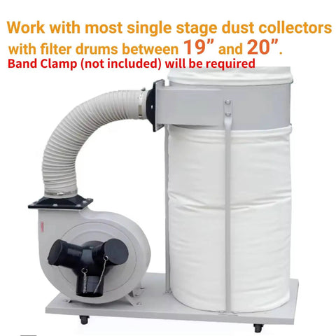 Dust collector setup with Universal 70 Gallon Dust Collector Bottom Bag, 30 Micron Heavy Duty Lower Filter Bag attached