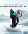 Handheld Snow Salt Ice Melt Spreader With Toggle Cap Sieve Options in snowy landscape, Wounded Warrior Project support
