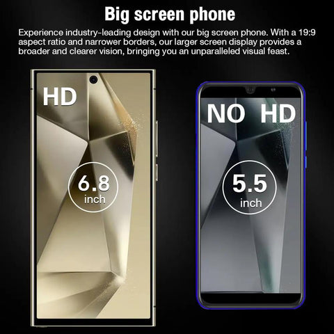 Crisp 6.8 Inch 5G Unlocked Android Cell Phone With S Pen 8GB Ram 512GB Storage Smartphone displayed with comparison to 5.5 inch phone.