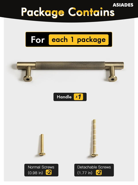 Package contents with Antique Brass Knurled Cabinet Pulls 5 Inch Center To Center Solid Brass Dresser Drawer Handles, includes screws.