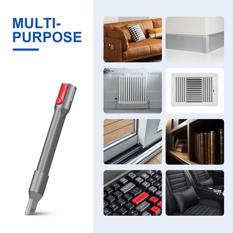 Crevice Tool Vacuum Attachment For Dyson V15 V12 V11 V10 V9 V8 V7 Gen5 Outsize Narrow Nozzle For Tight Corners And Hard To Reach Spaces Replacement Part For Easy Cleanup, shown cleaning various surfaces like furniture and keyboards.