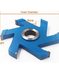 Straight Up Top Shelf Three Piece Tungsten Carbide Spindle Shaper Bits For Woodworkers Chopping T Slots And Grooves Like Butter, 120mm diameter, blue cutting tool.