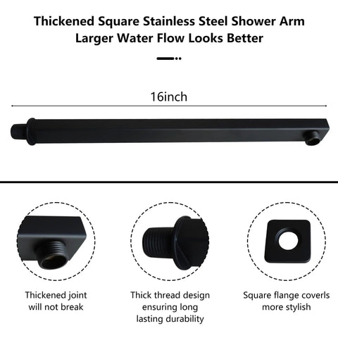 16-inch extension arm for Matte Black Rain Shower Head with square design, thickened joint, and durable thread for full coverage.