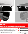 Collage of Wayne Dalton garage door bottom weather seal: front, side, cross-section, and installed views; 16 ft.
