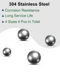Stainless steel bearing balls in four sizes (1 in, 7/8 in, 3/4 in, 5/8 in) arranged on a light background.