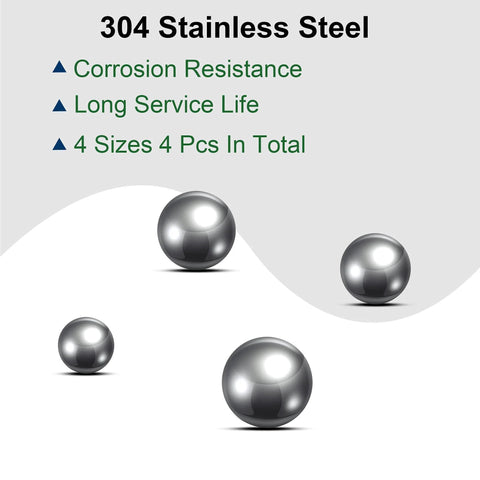 Stainless steel bearing balls in four sizes (1 in, 7/8 in, 3/4 in, 5/8 in) arranged on a light background.