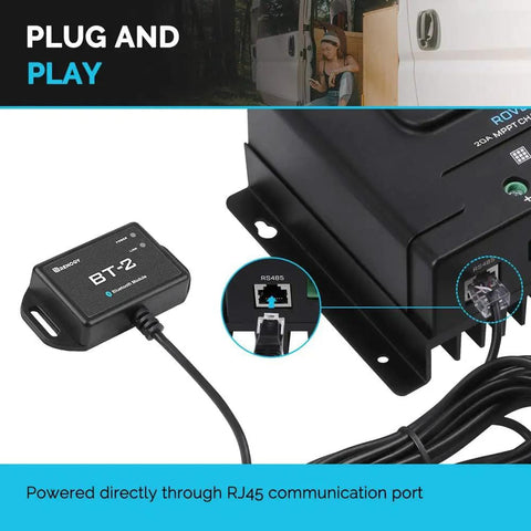 Bluetooth RS485 Module for Solar Power Systems connected via RJ45 port to charge controller, enabling remote monitoring.