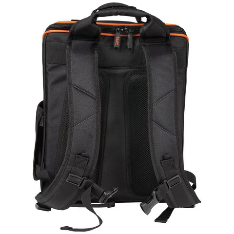 Back view of All In One Tool Backpack With 21 Pockets And Big Interior Includes Removable Magnetic Flashlight And Built In Work Light.